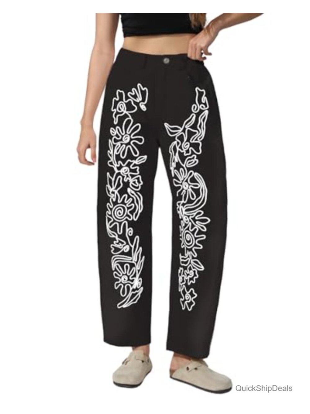 Embroidered Boyfriend Barrel Jeans Mid Rise Ankle Wide Leg Denim